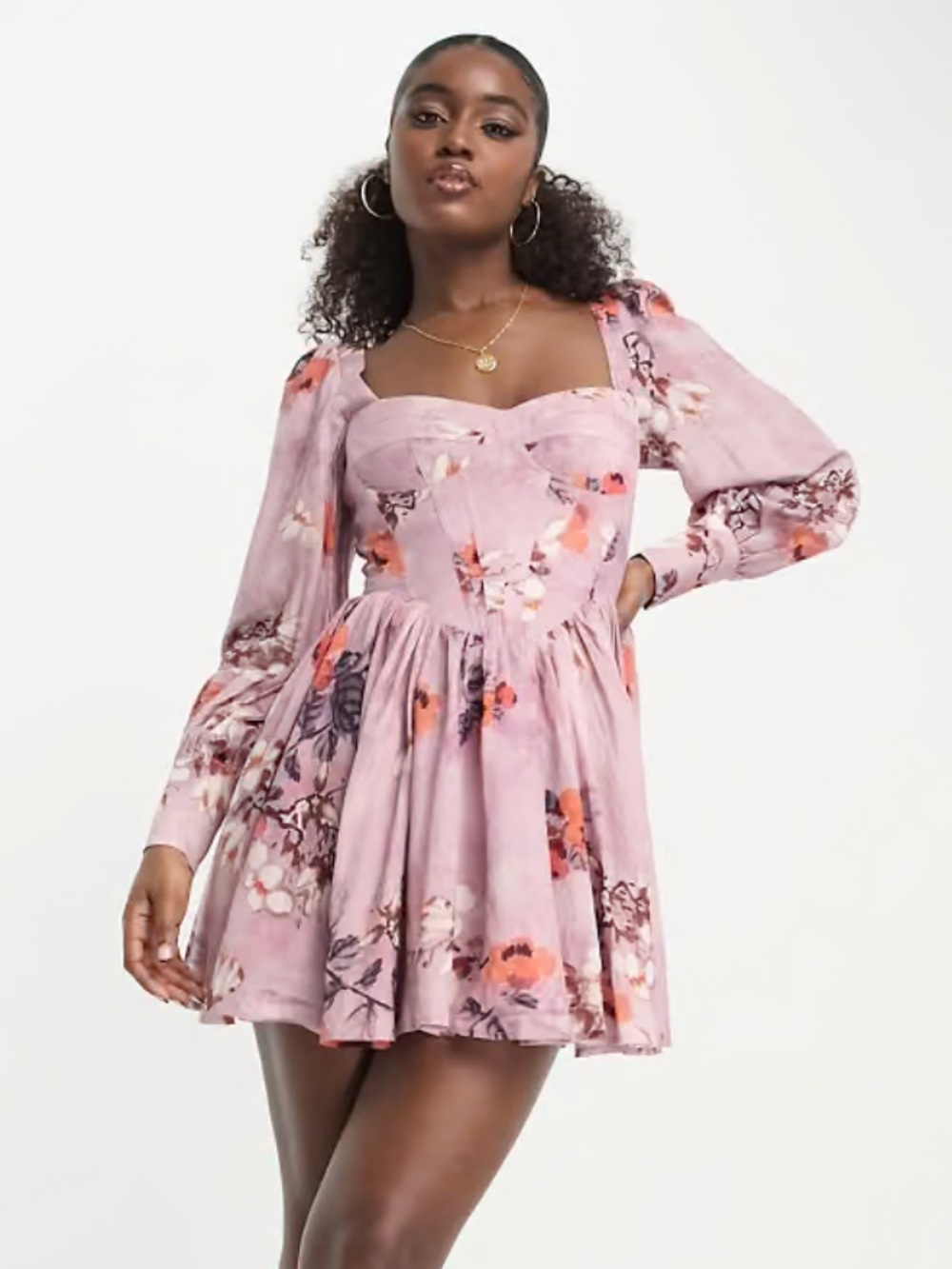 NWT Bardot Lilia floral Floral Puff-Sleeve Mini Dress in Dusty Pink